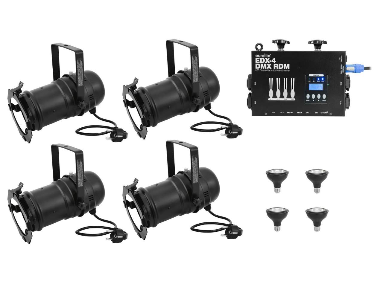 EUROLITE Set 4x PAR-30 Spot sw dim2warm + EDX-4 DMX RDM LED-Dimmerpack